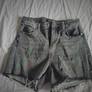Judy Blue Gray Denim Shorts with Green Cactus Embroidery Worn Once